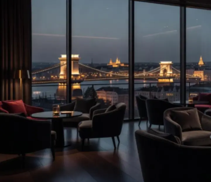 Budapesti esti városkép kilátással a Cityplan Nerguide meleg fényű lounge teréből