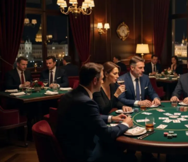 Felnőtt vendégek társasági pókerestje elegáns lounge környezetben Budapesten