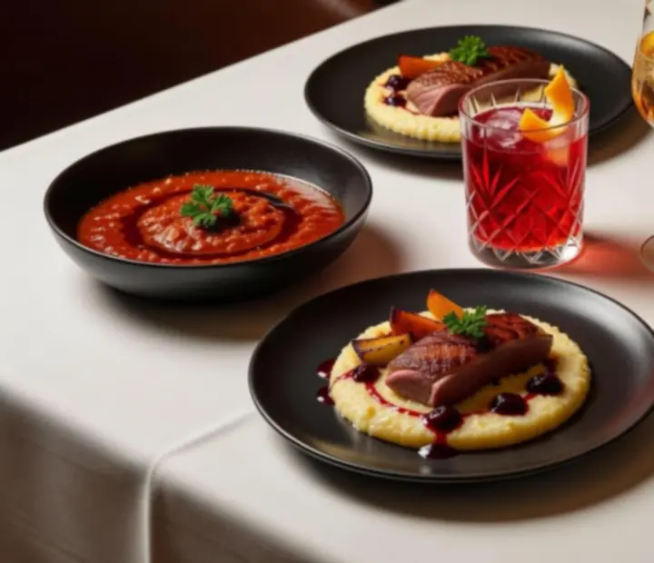 Fine dining fogásokkal és borospoharakkal megterített asztal budapesti pókeresthez
